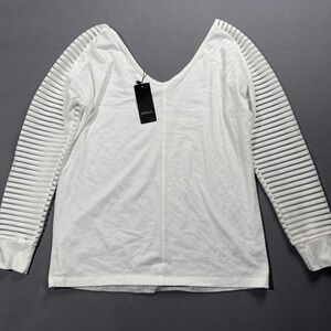 SHEILAY‎ Ribbed Sleeve Top V-Neck Long Sleeve Casual White Top Small